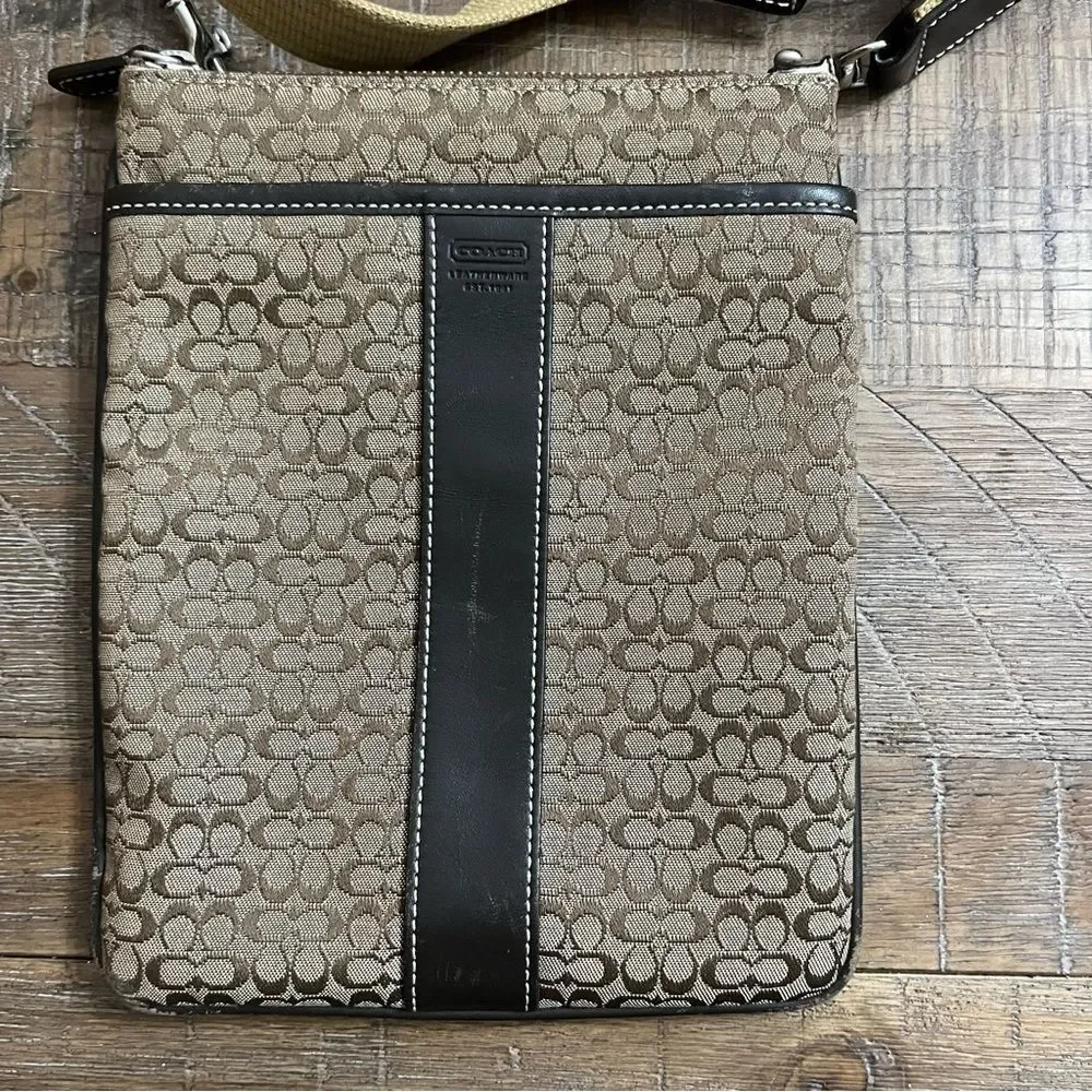 Coach Canvas Leather Trim Tan Brown Crossbody Filebag Signature Travel Purse Y2K
